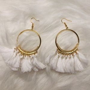 White and gold hoop fringe earrings